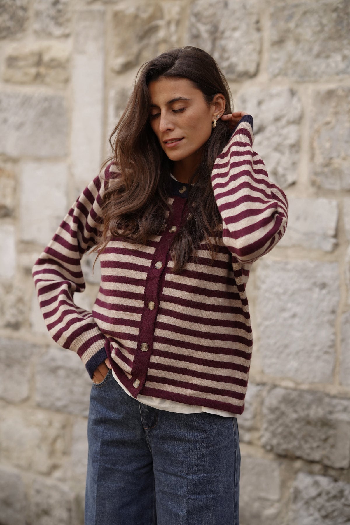 Gilet ligné John bordeaux