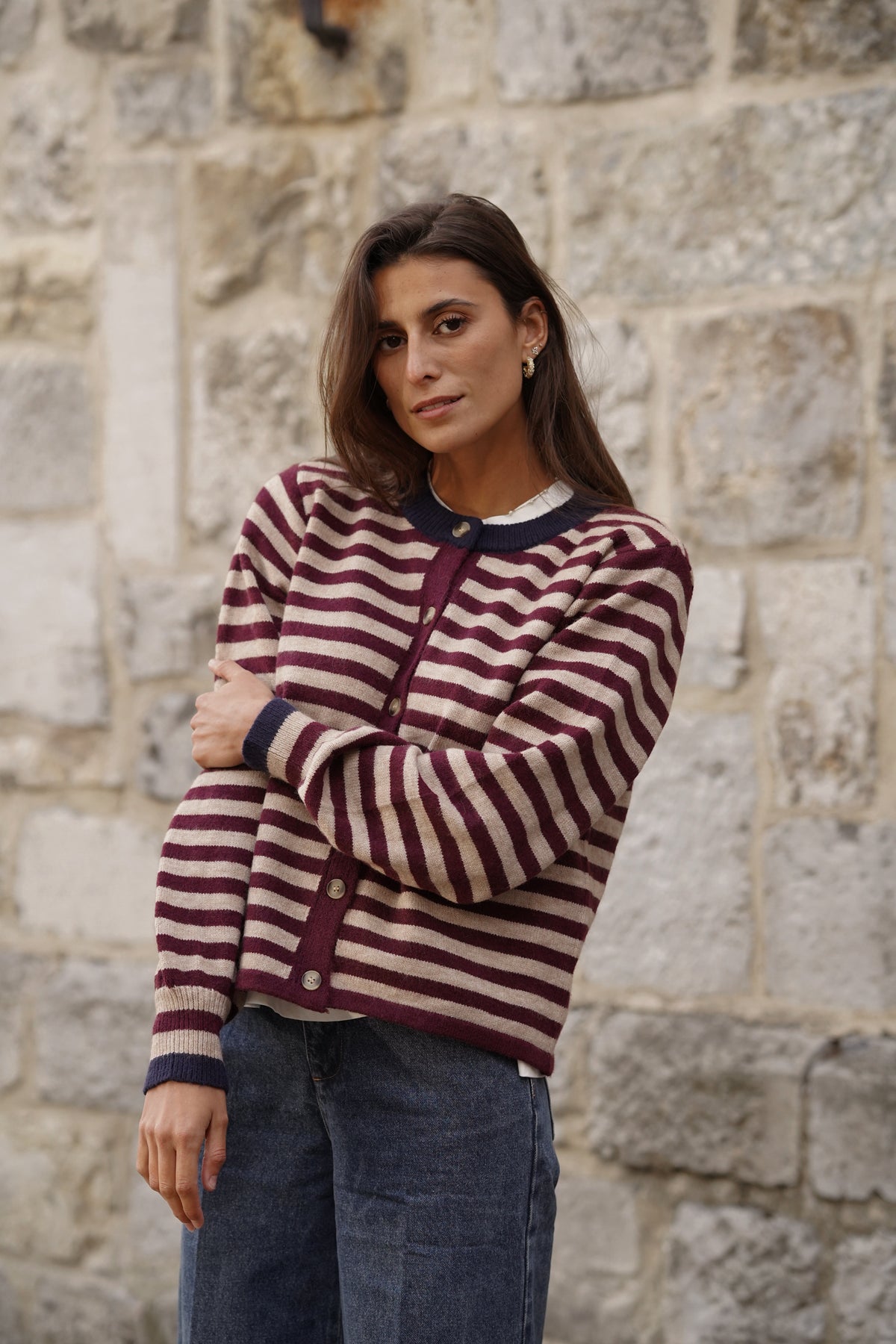 Gilet ligné John bordeaux