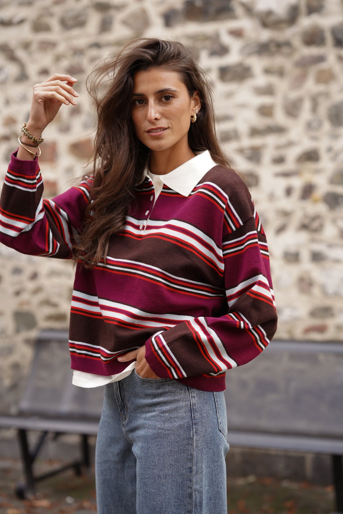 Polo manches longues Nate bordeaux