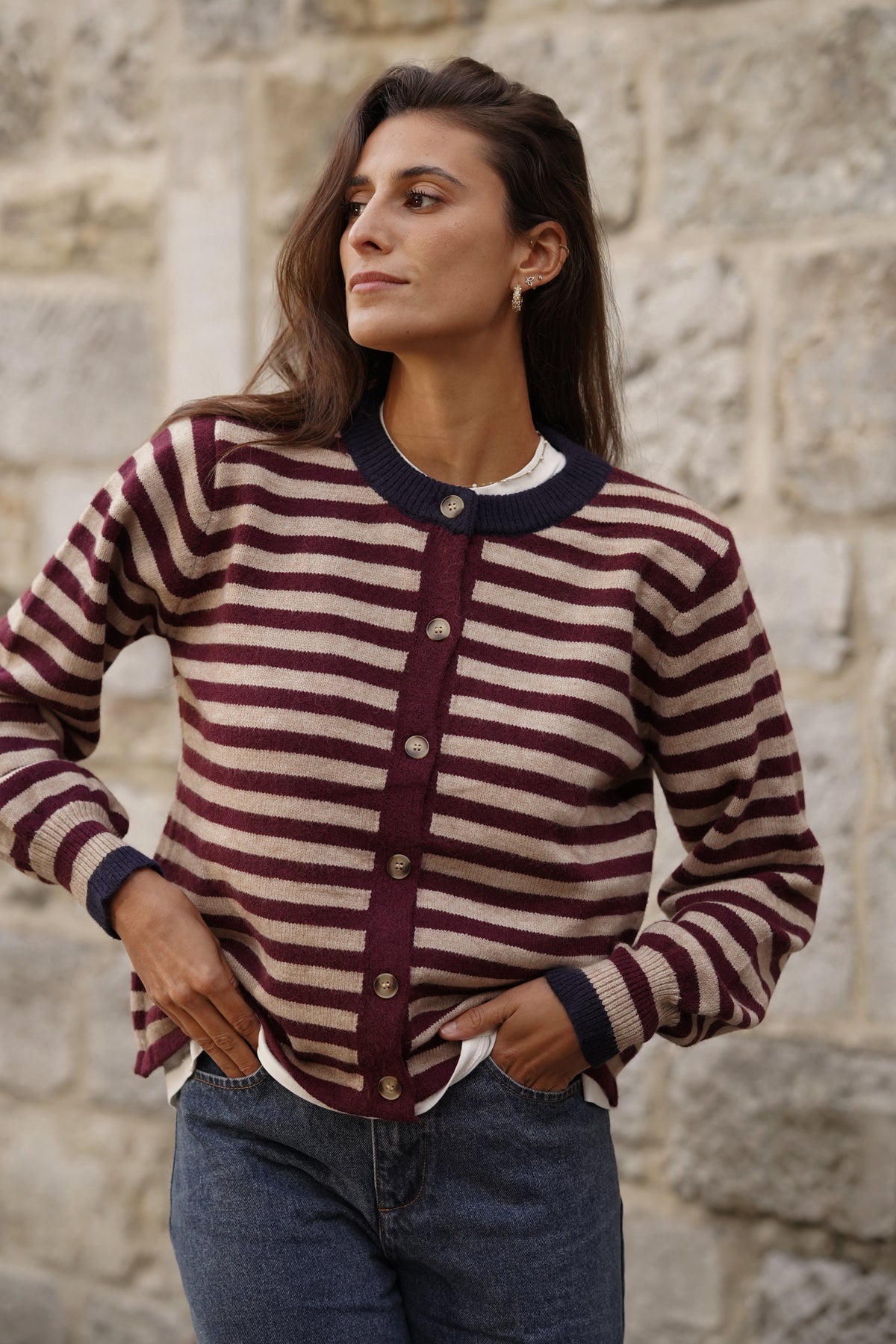 Gilet ligné John bordeaux