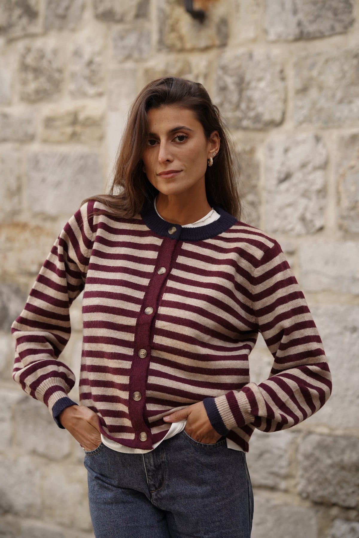 Gilet ligné John bordeaux