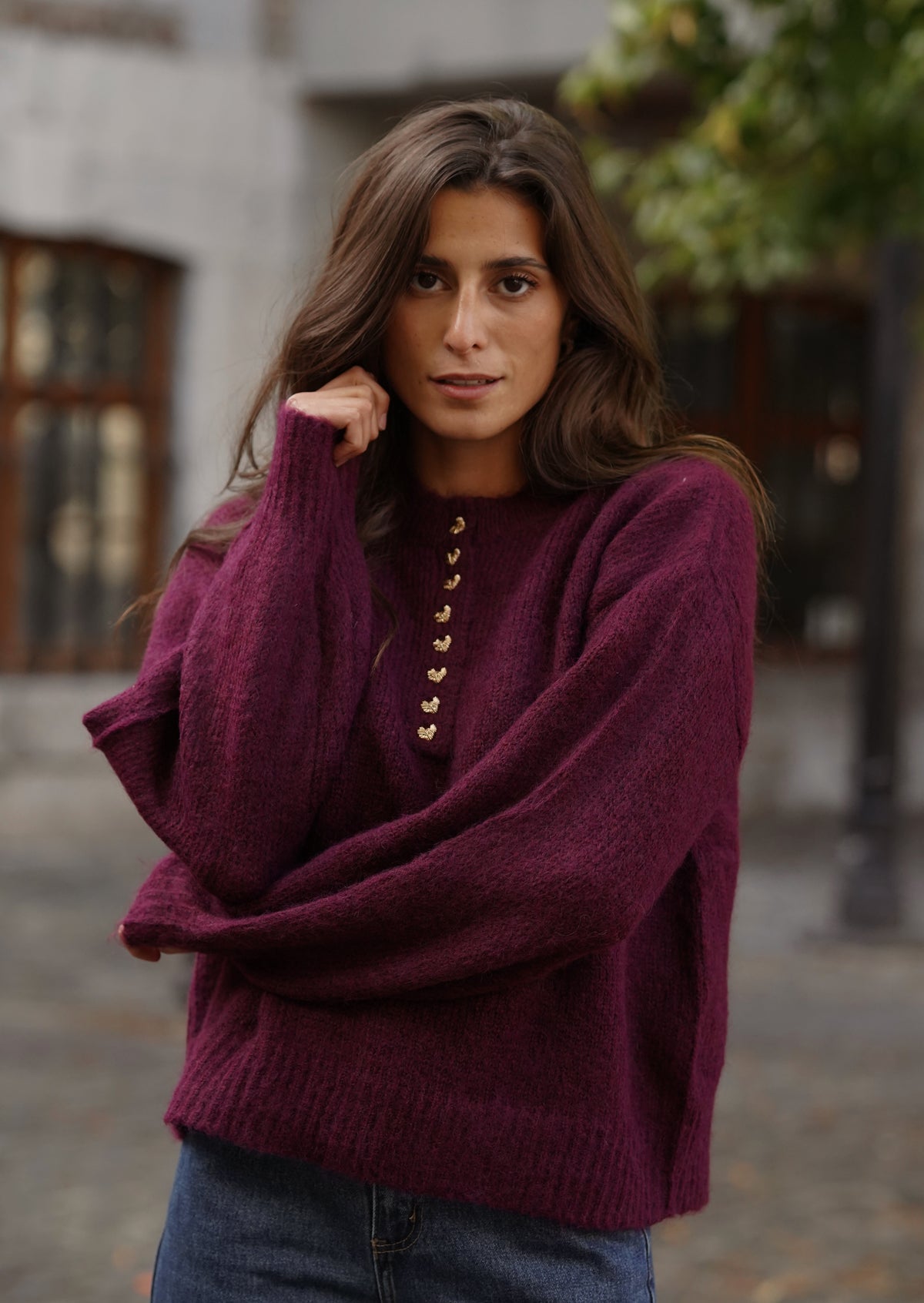 Pull à boutons Eliot bordeaux